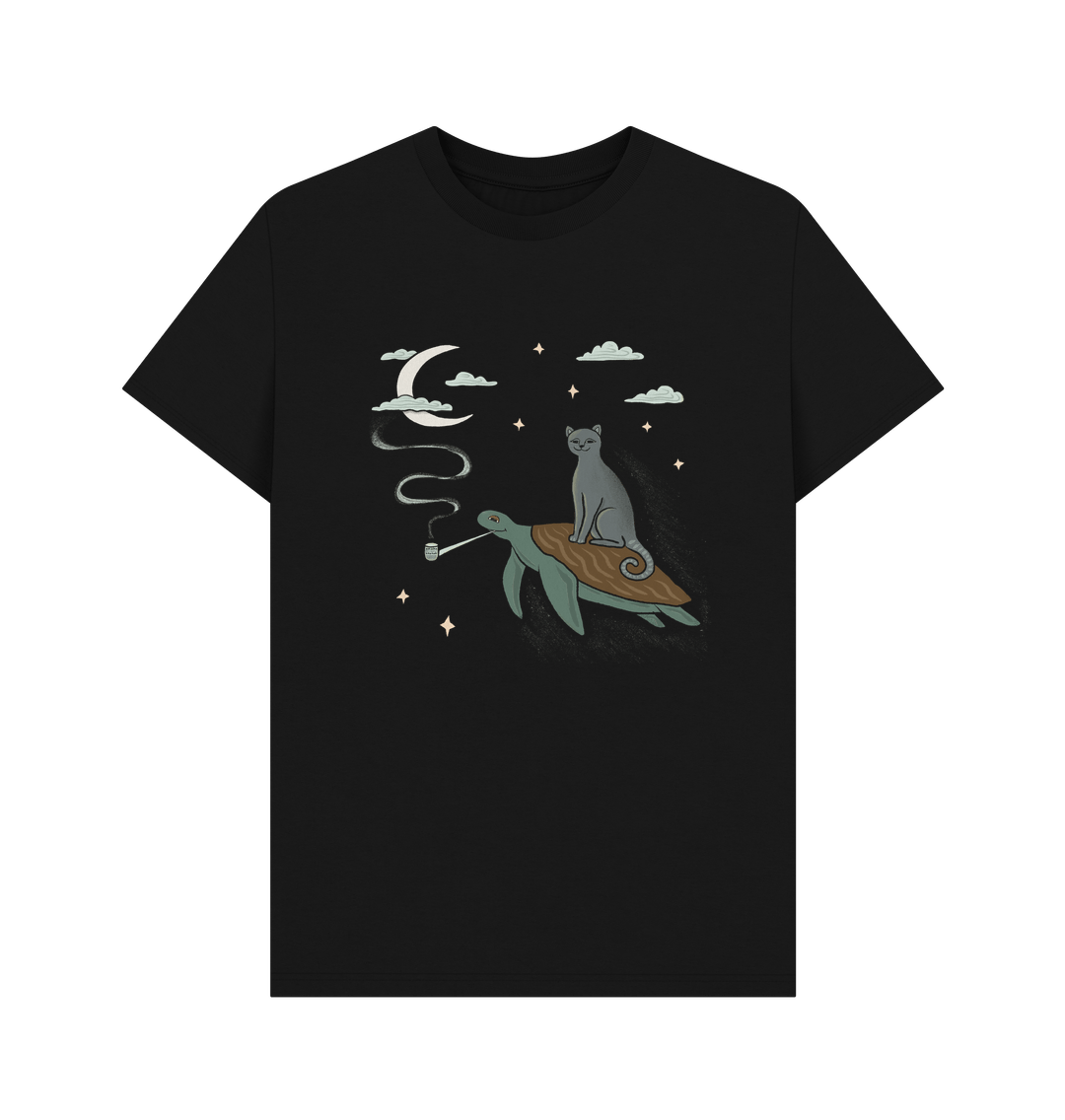 Black 'Cat & Turtle Flying To The Moon' Eco Shirt