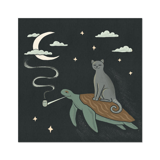 'Cat & Turtle Flying To The Moon' Print